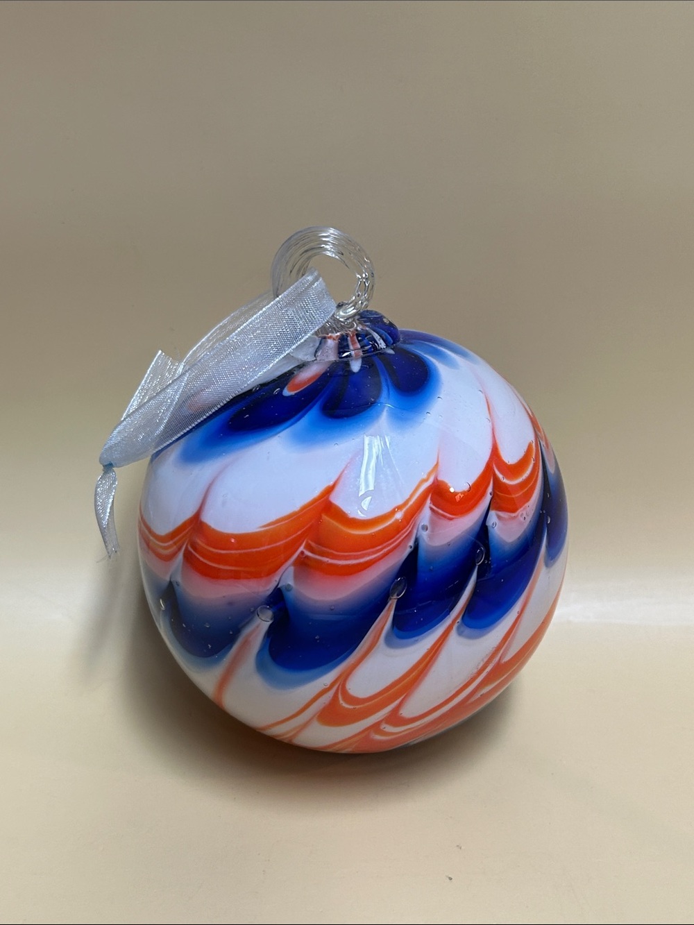 Handblown Glass Art Ornament - White, Blue & Orange